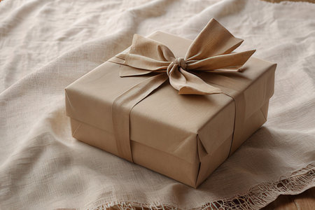 Gift box wrapped in craft paper and tied with a brown ribbon on a linen clothの写真素材
