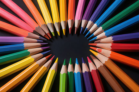 Colorful pencils isolated on black background with space for text.の写真素材