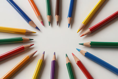 Colored pencils arranged in a circle on a white background.の写真素材