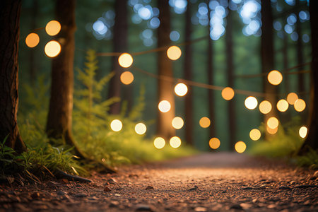 A path through the forest with bokeh lights in the evening