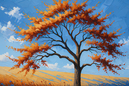 Autumn tree with yellow leaves on blue sky background. Vector illustration.