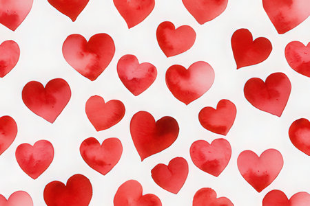 Watercolor red hearts on white background. Seamless pattern.