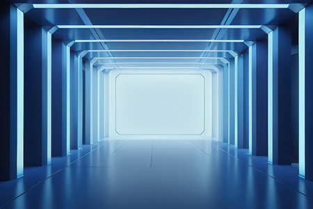 Futuristic corridor with blue neon lights. 3D Renderingの写真素材