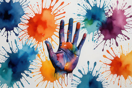 Watercolor hand with colorful paint splashes on a white background.の写真素材