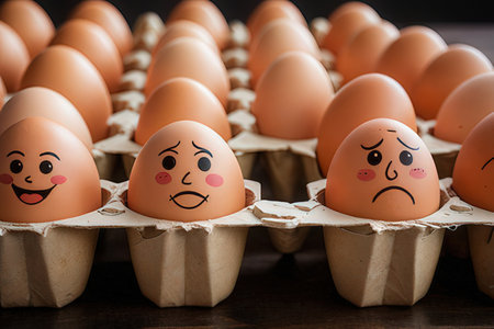 Eggs with sad faces in egg carton on wooden table
