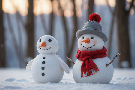 Two snowman standing in the snow with red scarf and hat.の写真素材