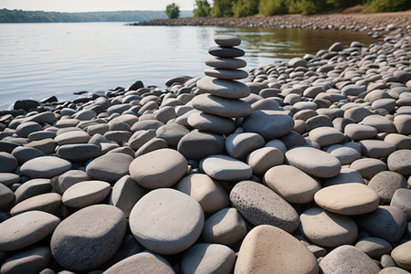Pyramid of pebbles on a lake shore in the summerの写真素材