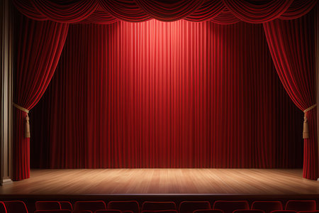 Red theater curtain with wooden floor and red curtains. Vector illustration.の写真素材