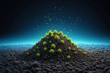 3d rendering of a green plant growing on a pile of stonesの写真素材