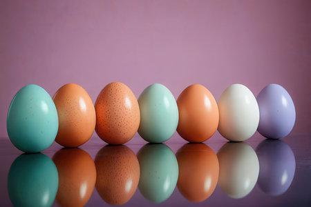 Colorful easter eggs with reflection on pink background, selective focus