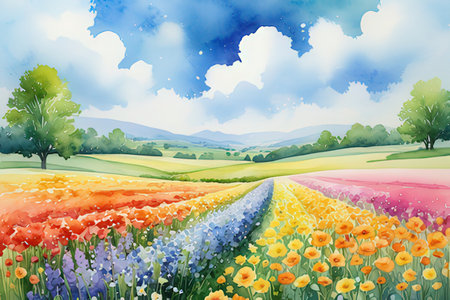 Beautiful summer landscape with colorful flowers. Watercolor painting. Vector illustration.の写真素材