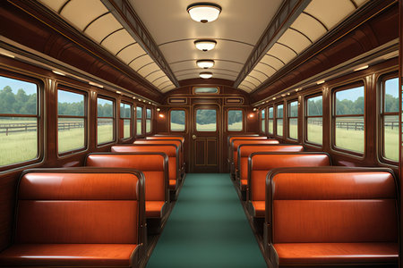 Interior of a train carriage with brown seats. 3D renderingの写真素材