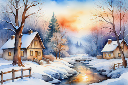 Beautiful winter landscape with house in the village. Digital painting.の写真素材