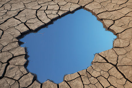 Dry cracked earth with blue sky background. Global warming concept.