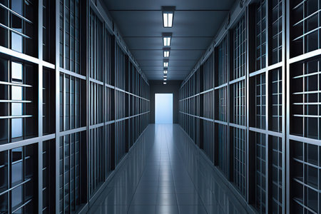 3d rendering of a hallway in a server room with metal bars