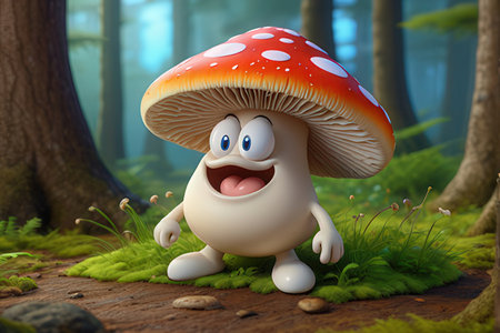 Funny mushroom character in the forest. 3d render illustration.の素材