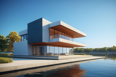 3d rendering of modern house with lake view in the background.の写真素材