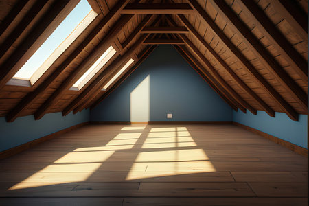 Interior of attic room with wooden floor and sunlight. 3D renderingの写真素材
