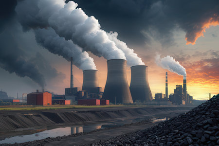 Power plant with smokestacks on a background of blue skyのeditorial素材