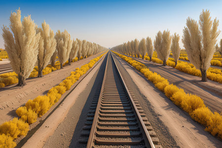 Railway in the field of poplars. 3d renderingの写真素材