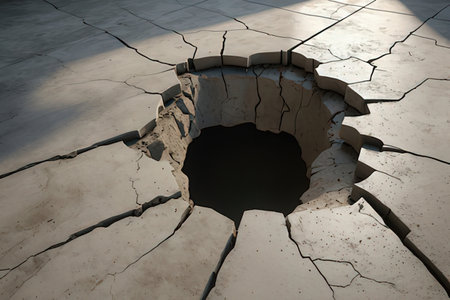 Cracked ground with a hole in the middle, 3d renderの写真素材