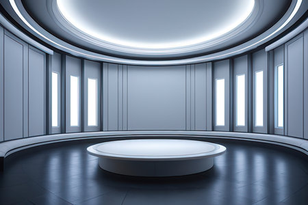 Futuristic empty room with round podium. 3D rendering.の写真素材