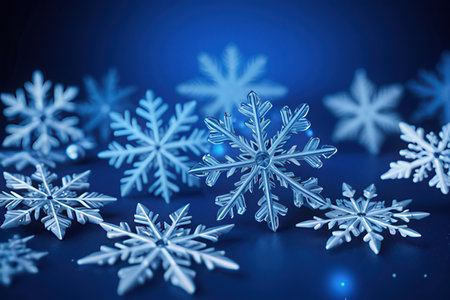 Snowflakes on blue background. Christmas and New Year concept.の写真素材