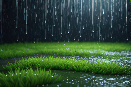 3d illustration of grass with raindrops falling on the ground.