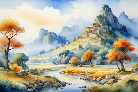 Autumn Landscape with castle, mountains and lake. Digital art paintingの写真素材