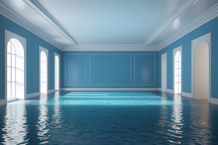 Interior of a room with blue walls and a swimming pool.の写真素材