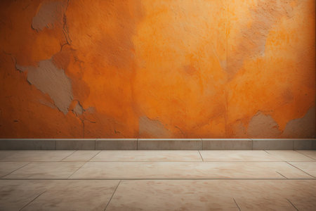 Orange grunge wall with tiled floor. 3D Renderingの写真素材