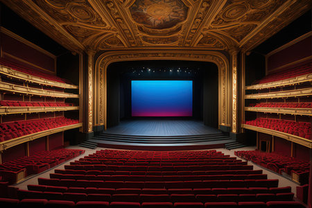 Theater stage with red seats and a large screen on the wallの写真素材