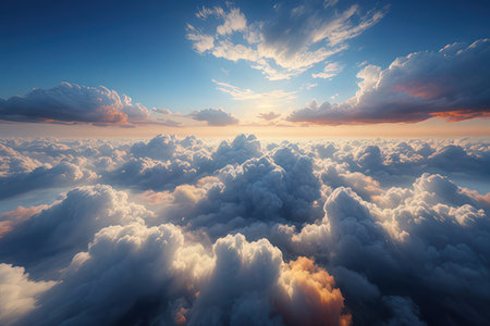 Beautiful aerial view above clouds at sunset. 3d illustration.