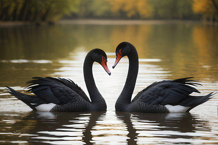 Two black swans swimming on the lake in autumn, close-upの写真素材