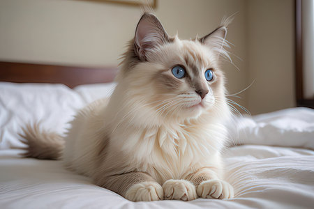 Siberian cat with blue eyes lying on the bed at homeの写真素材
