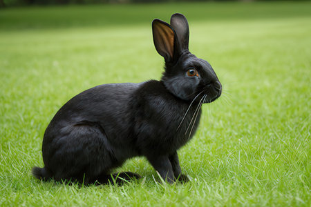 Little black rabbit sitting on the grass in the garden, closeupの写真素材