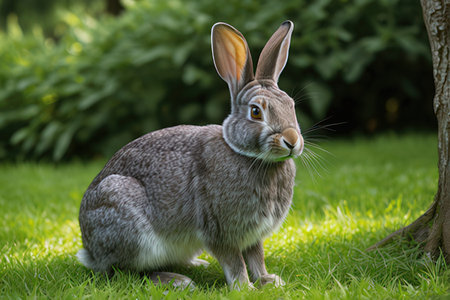Cute gray rabbit sitting on the grass in the summer garden.の写真素材