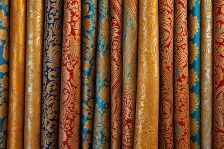 Rolls of colorful fabric as a background. Close-up.