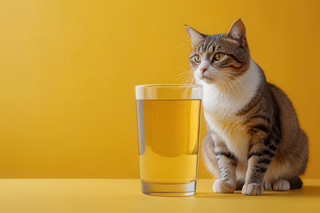 Cute cat and glass of juice on yellow background. Copy spaceの写真素材
