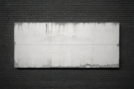 Blank white billboard on black brick wall, can be used as backgroundの写真素材