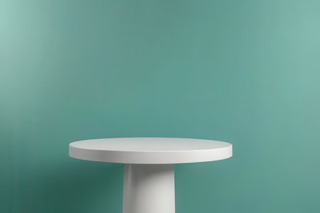 White round pedestal on a green wall background. 3d renderingの写真素材
