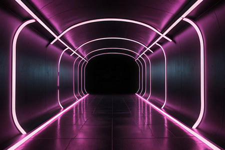 3d render. Futuristic tunnel corridor with glowing neon lights.の素材