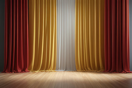 Red and yellow curtains with wooden floor. 3d render. Stage background.の素材