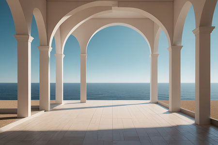 Empty room with sea view and blue sky background. 3d renderingの写真素材