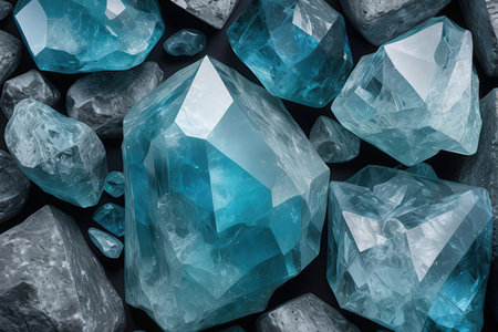 Blue crystals of different sizes on a black background. Macro shooting.の写真素材