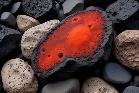 Red and black lava on black pebbles. 3d renderの写真素材