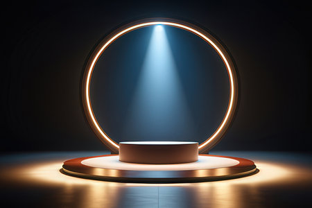 Abstract scene podium illuminated by spotlight. Award ceremony concept. 3D Renderingの写真素材