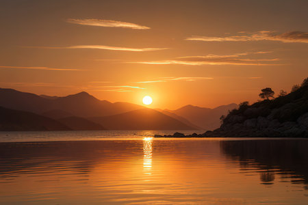 Sunset on the lake with mountains in the background. Croatia.
