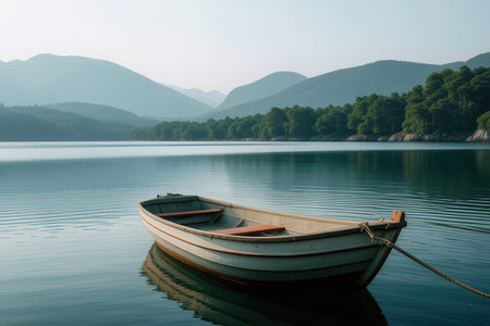 Fishing boat on the lake in the mountains in the morning.の写真素材