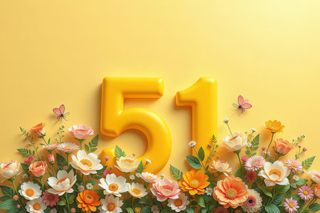 Number 51 with flowers and butterflies on yellow background. 3d illustrationの素材